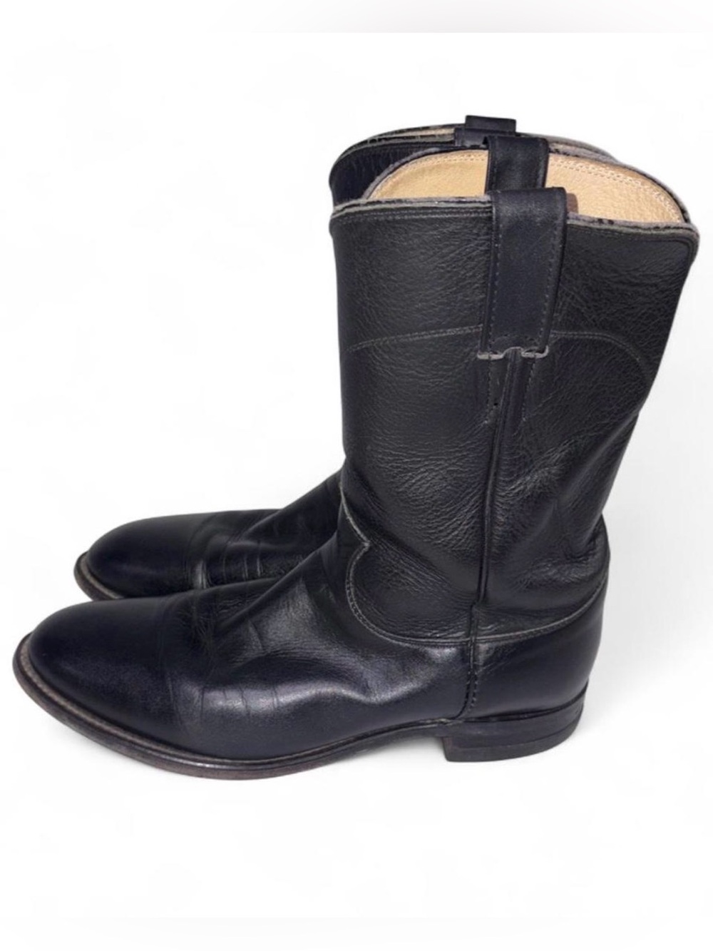 Justin 3620 Men's Black Leather roper Pull-On Western Boots size 8.5